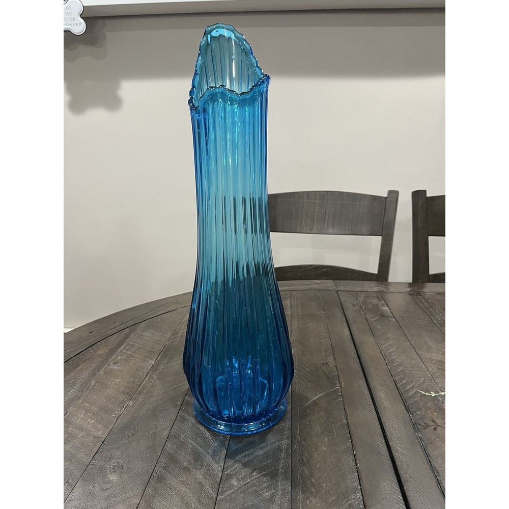 LE Smith 20" Broken Ribbed Swung Glass Vase Peacock Blue Floor Vase See‎ Pics